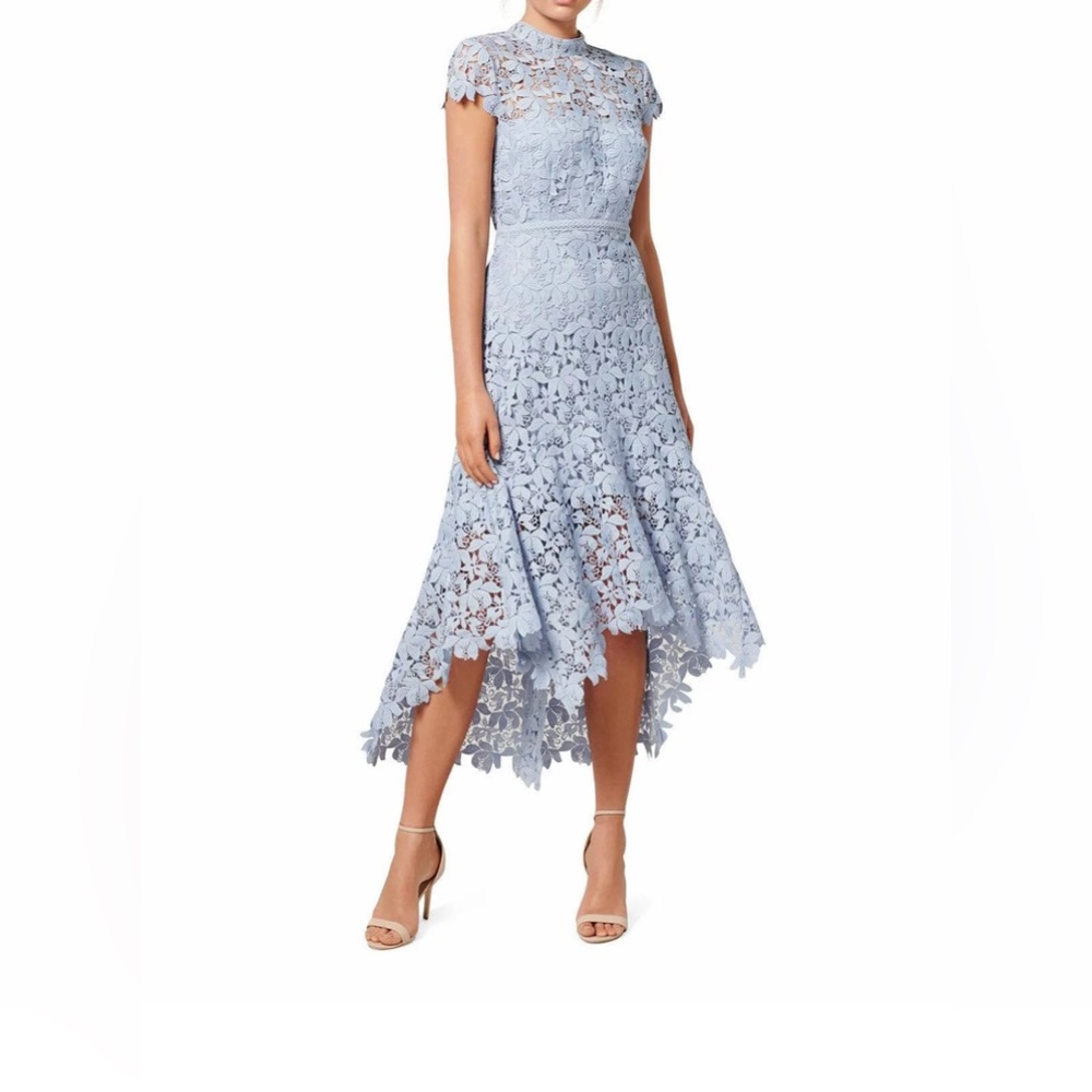 Neiman Marcus Ever New Melbourne Chessie Open-Back High-Low Lace Maxi Blue
